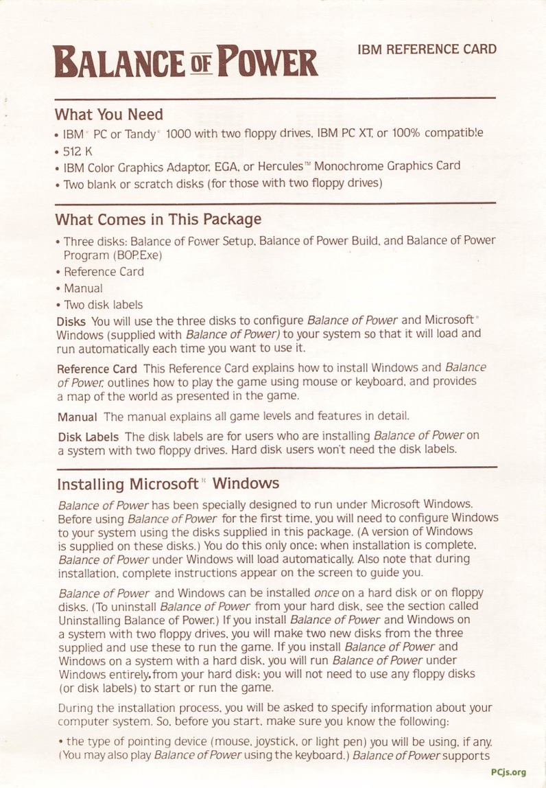 Balance of Power IBM Reference Card (1985)